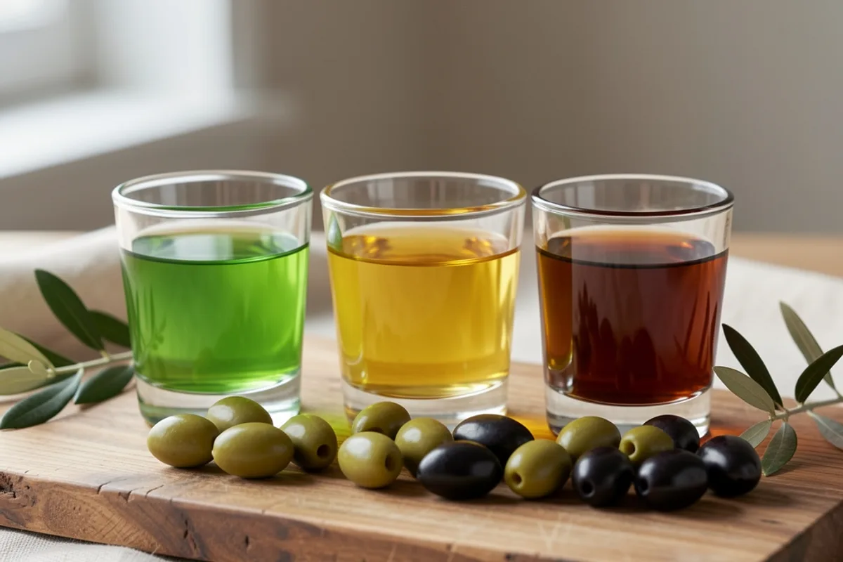Trois petits verres à dégustation alignés sur une planche en bois avec des huiles vert vif, dorée et ambrée, olives vertes et noires posées devant