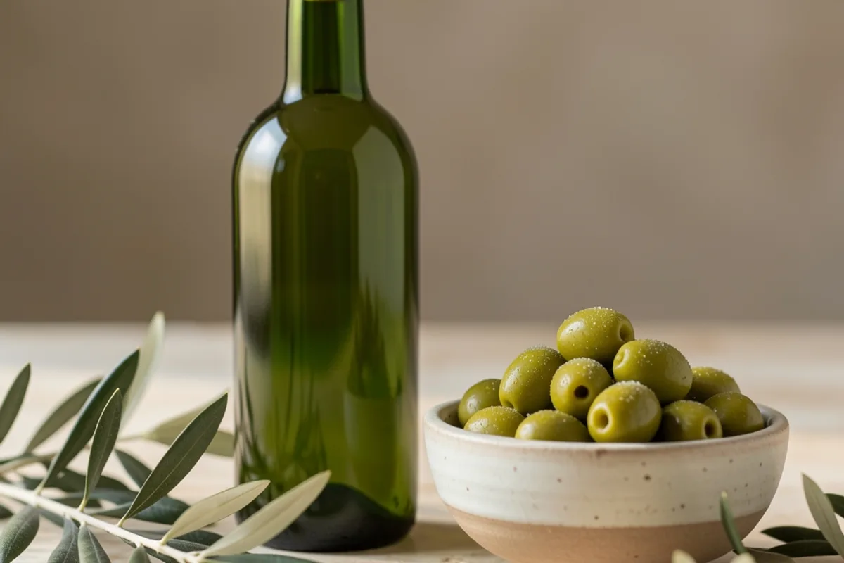 Bouteille en verre foncé et son bouchon en gros plan, bol d&rsquo;olives vertes fraîchement cueillies et feuilles d&rsquo;olivier sur une table en pierre