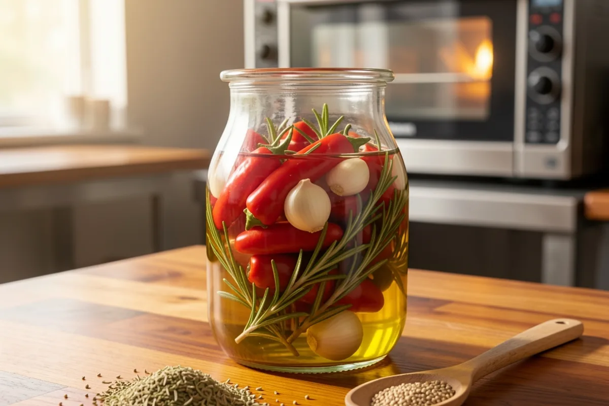 Bocal en verre d&rsquo;huile d&rsquo;olive infusée avec piments rouges et gousses d&rsquo;ail, cuillère en bois, comptoir de pizzeria en arrière-plan flou
