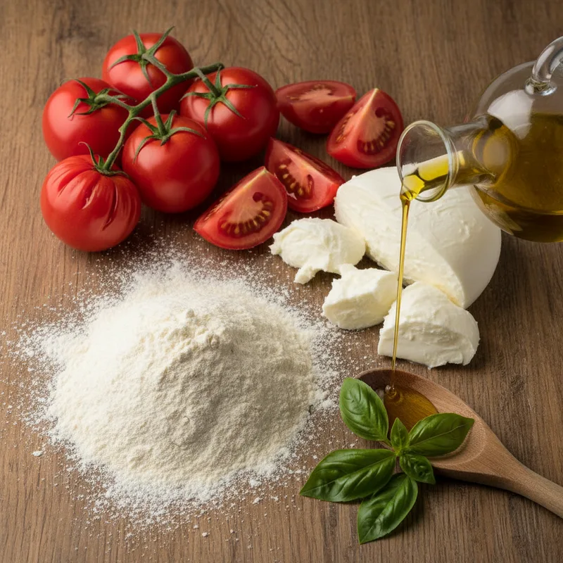 Ingrédients bio pour pizza artisanale : farine, tomates, mozzarella
