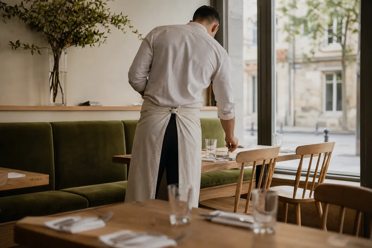 Serveur dressant une table dans une salle de restaurant lumineuse