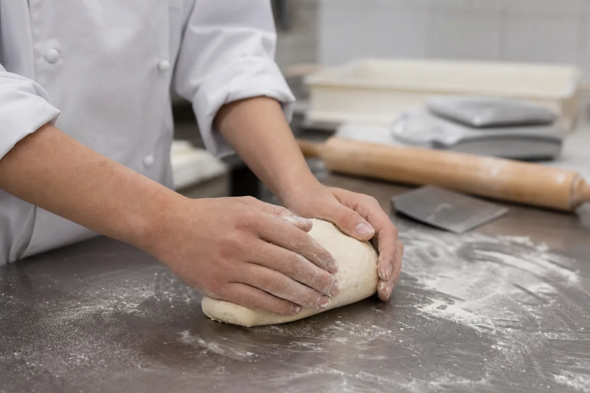 Apprenti en veste de cuisine travaillant une pâte sur un plan de travail en inox