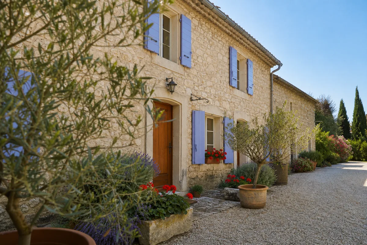 Petit hébergement indépendant en pierre calcaire dans la campagne héraultaise, entrée fleurie et volets bleus