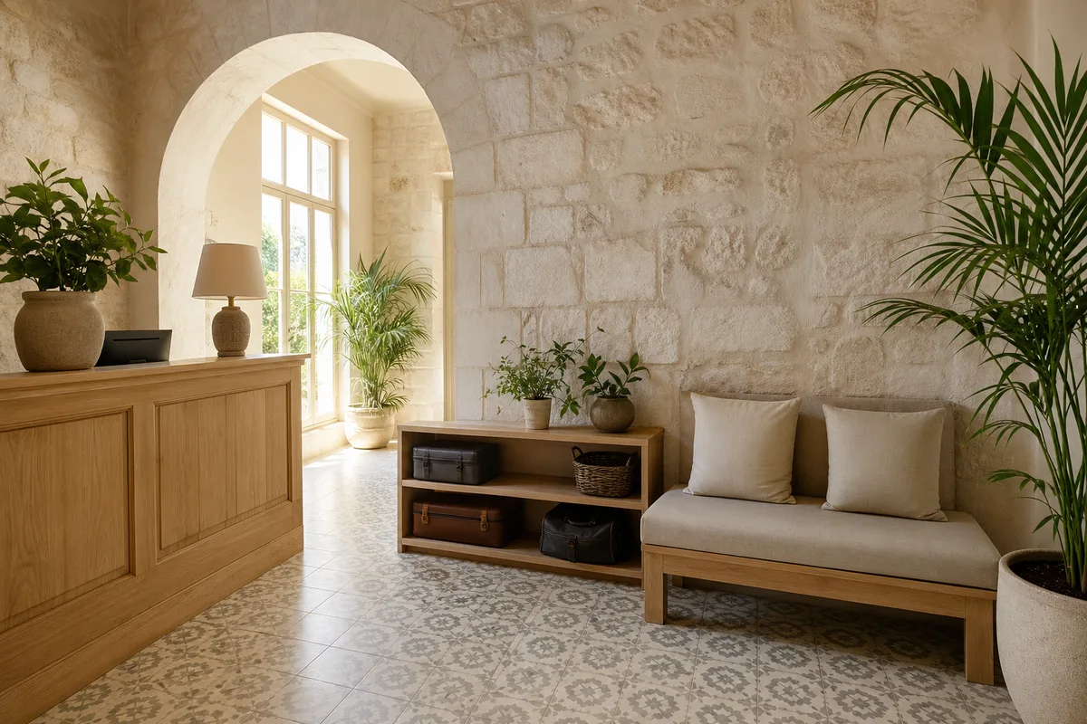 Hall d&rsquo;accueil lumineux d&rsquo;un petit hôtel indépendant, comptoir en bois clair et banquette beige