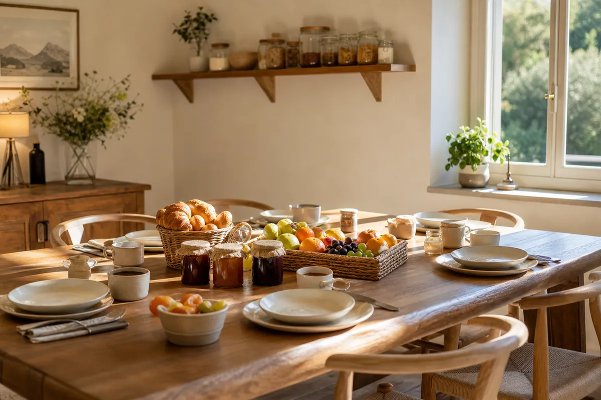 Salle de petit-déjeuner conviviale avec grande tablée en bois massif et corbeille de fruits
