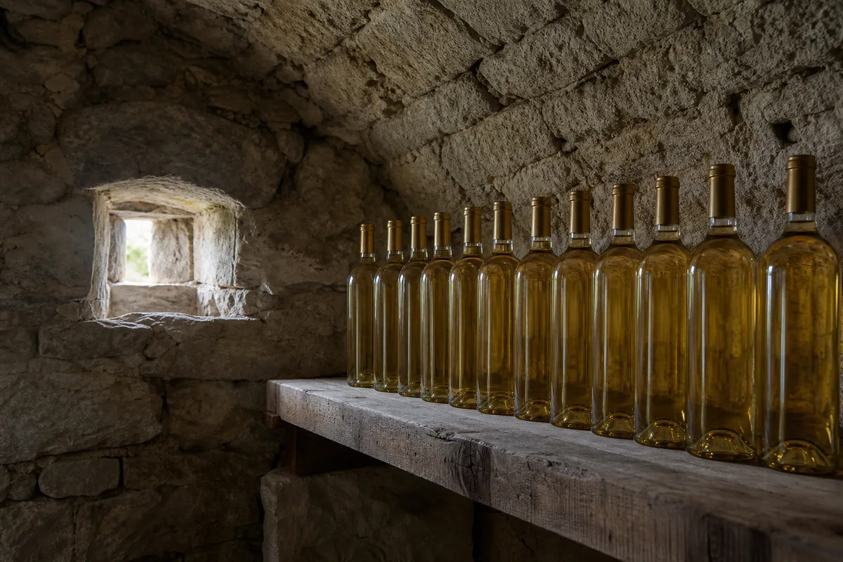 Bouteilles de vin doré rangées sur une étagère en bois dans une cave voûtée en pierre