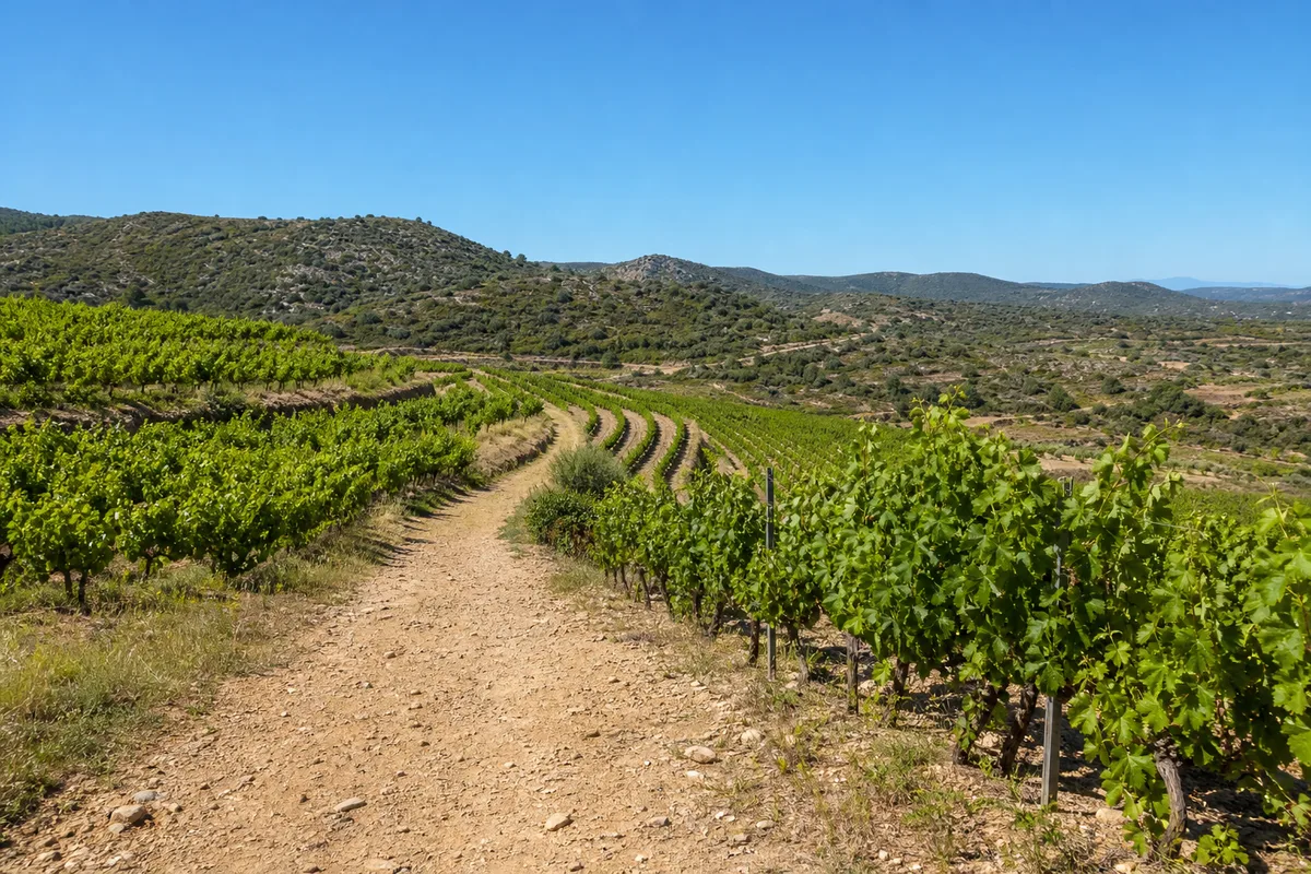 Sentier de terre battue traversant un vignoble en terrasses, collines de garrigue à l&rsquo;horizon
