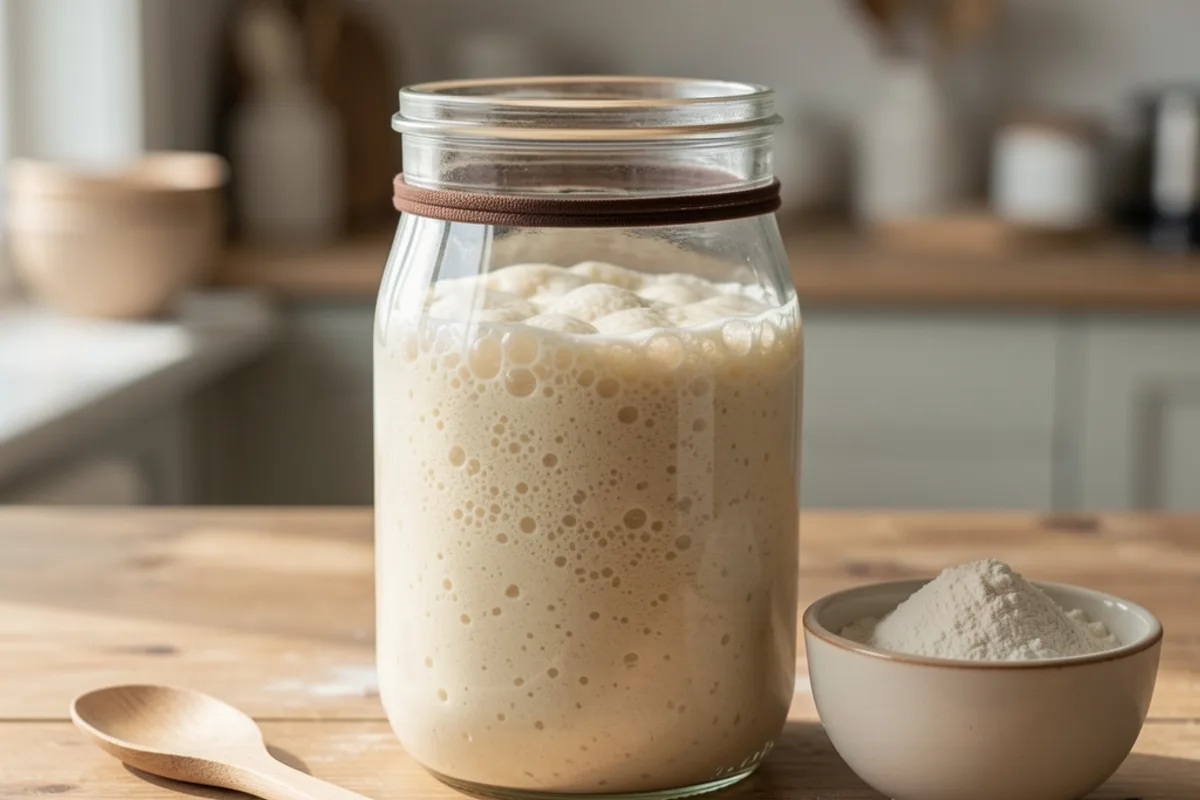 Bocal de levain naturel bien bullé avec un élastique repère, cuillère en bois et bol de farine