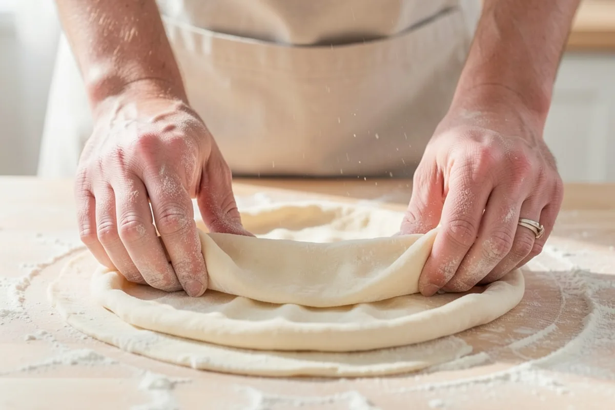 Mains qui étirent un disque de pâte à pizza alvéolée sur un plan de travail fariné