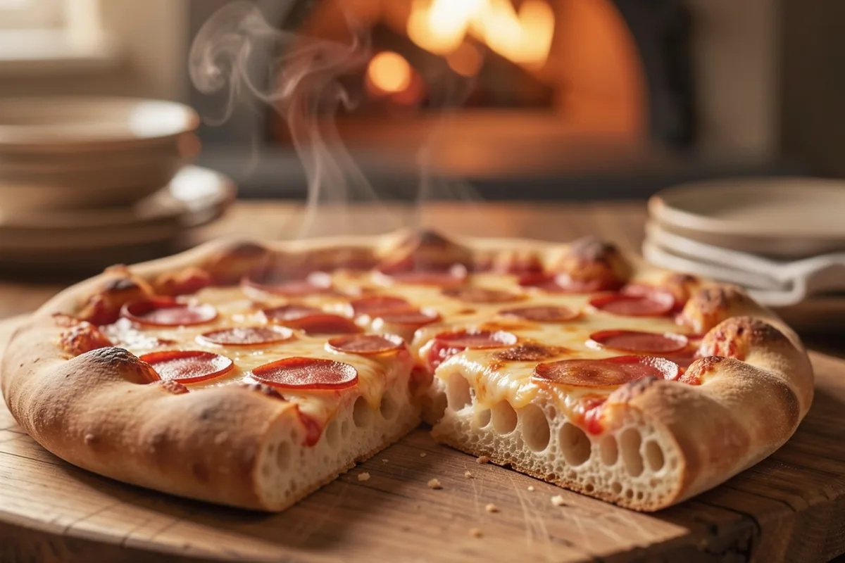Part de pizza au levain coupée, montrant la mie aérée de la croûte cloquée