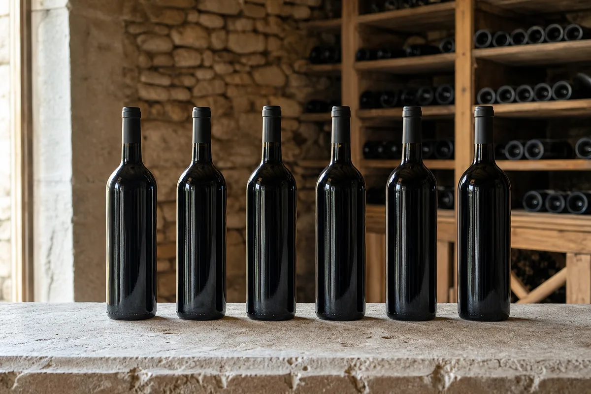 Assortiment de bouteilles de vin du Languedoc alignées sur un comptoir en pierre
