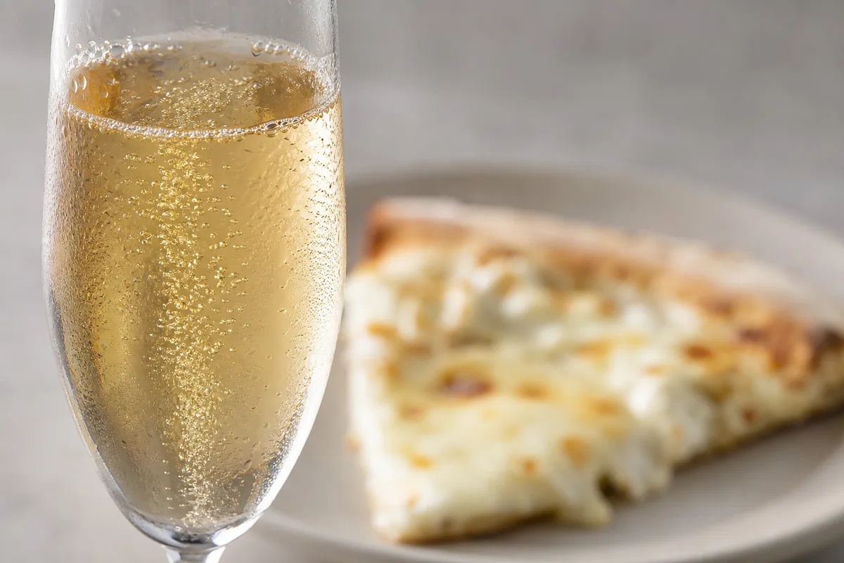 Bulles remontant dans une flûte de vin effervescent devant une part de pizza blanche