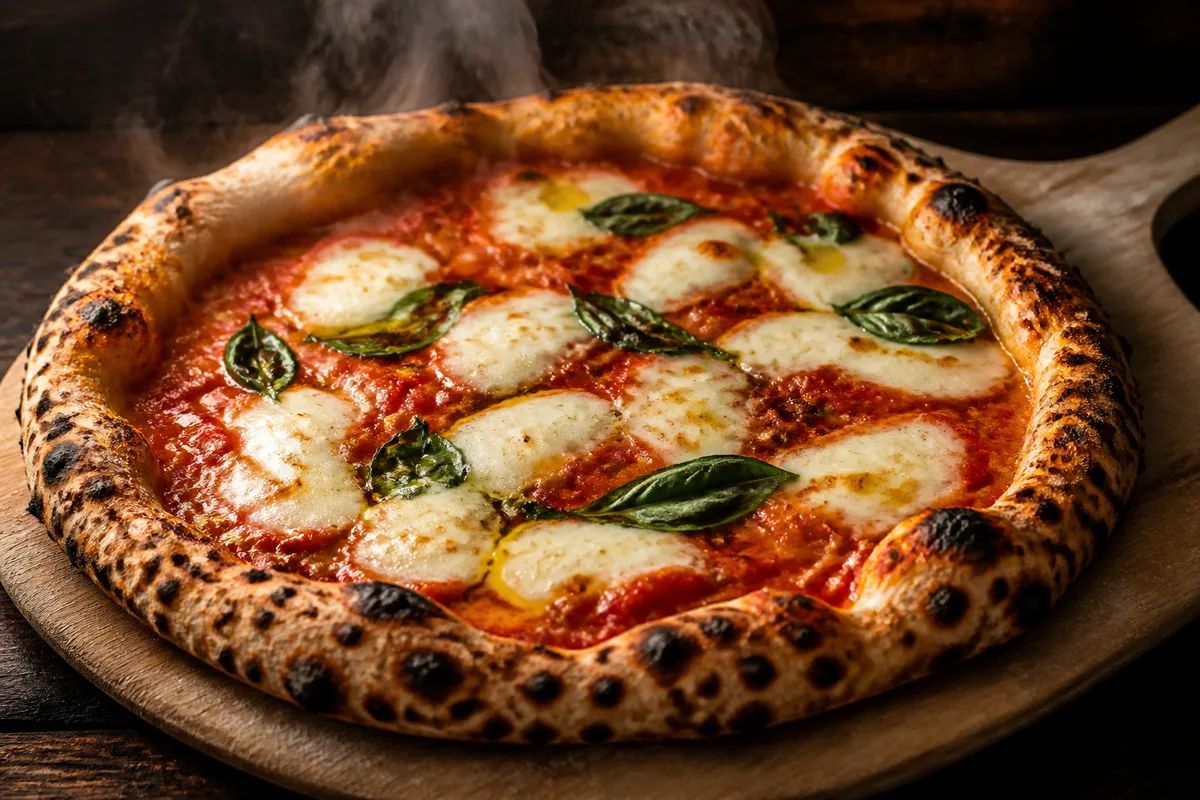 Gros plan sur une pizza napolitaine en fin de cuisson, corniche gonflée et tachetée, mozzarella fondue